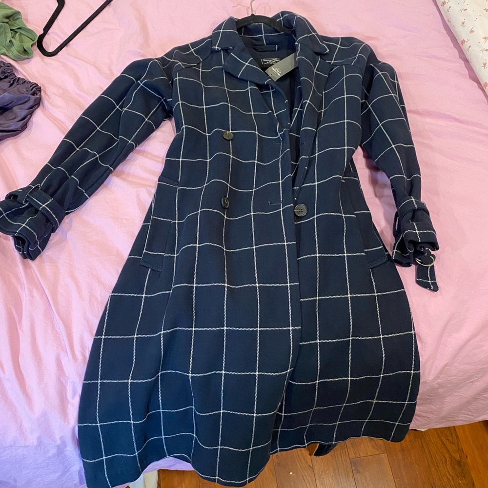 Abercrombie & Fitch Navy Plaid Trench Coat